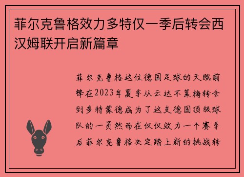 菲尔克鲁格效力多特仅一季后转会西汉姆联开启新篇章 菲尔克鲁格效力多特仅一季后转会西汉姆联开启新篇章