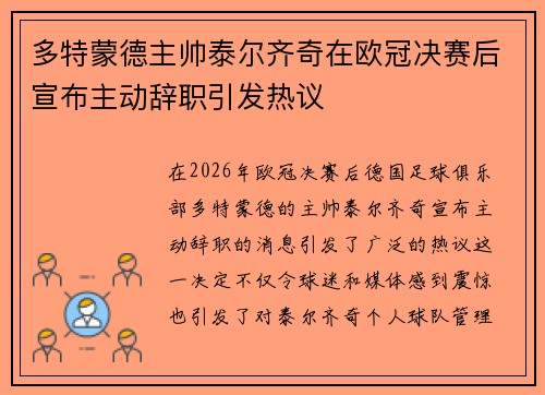 多特蒙德主帅泰尔齐奇在欧冠决赛后宣布主动辞职引发热议