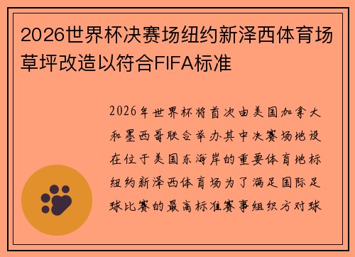 2026世界杯决赛场纽约新泽西体育场草坪改造以符合FIFA标准 2026世界杯决赛场纽约新泽西体育场草坪改造以符合FIFA标准