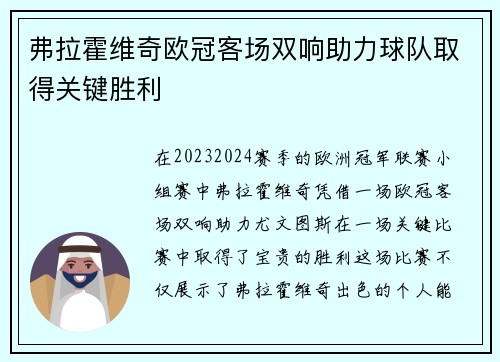 弗拉霍维奇欧冠客场双响助力球队取得关键胜利
